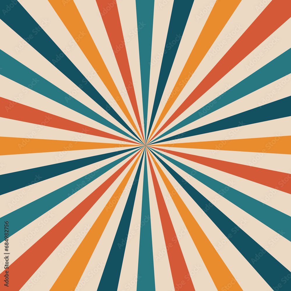 Fototapeta premium Carnival or circus retro rays background. Vintage vector layout, sunbeam burst. Backdrop with red, blue and yellow muted radiating stripes creating hypnotic effect, evoking a sense of nostalgia
