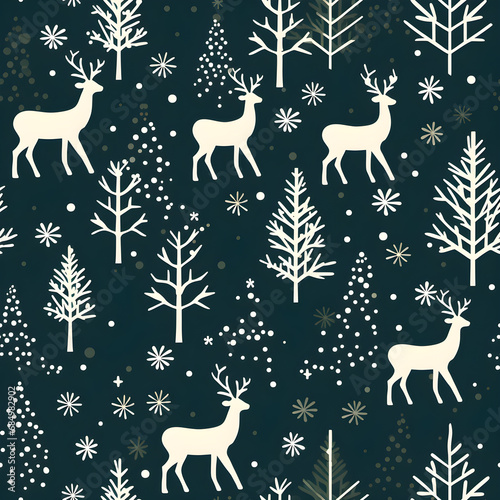 Christmas seamless pattern with reindeer and trees. Winter Christmas background for wrapping paper, AI generated © natcha