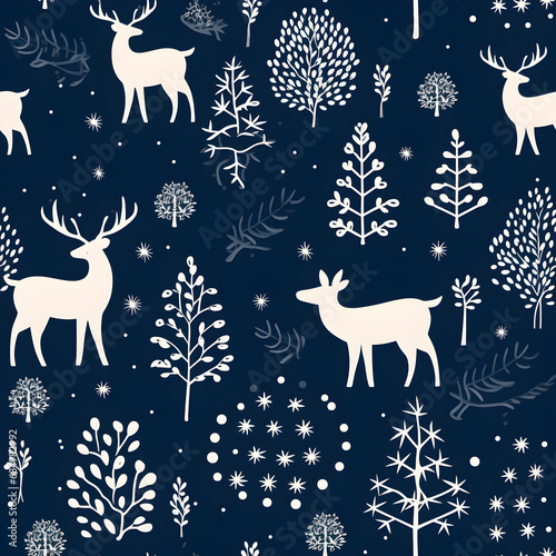 Christmas seamless pattern with reindeer and trees. Winter Christmas background for wrapping paper, AI generated © natcha