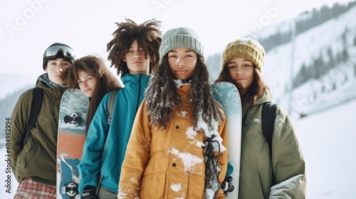Joyful teens pose with snowboards in the mountains.