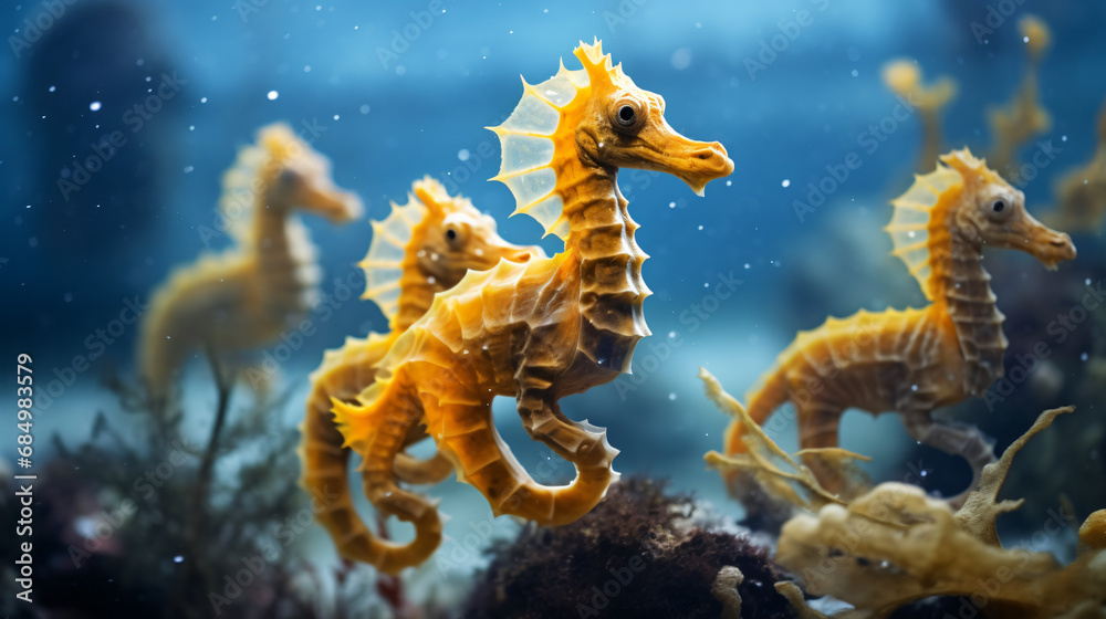 Yellow seahorses swimming close to the coral Hippocamp