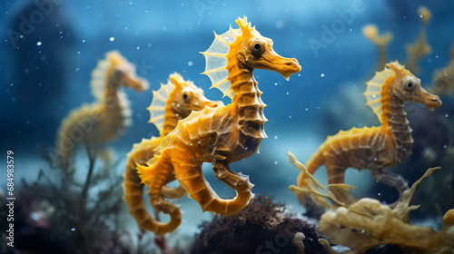 Yellow seahorses swimming close to the coral Hippocamp © khan
