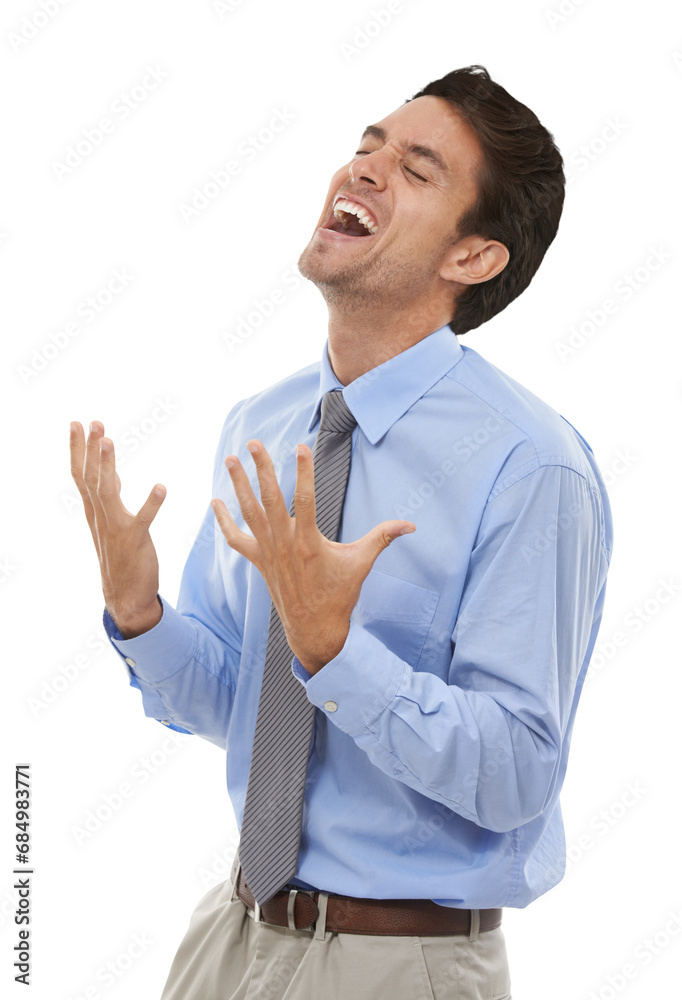 Businessman, hands and frustrated shout for company problem, unhappy or fail mistake. Male person, stress and scream or corporate sale grief, annoyed burnout or isolated on transparent png background Businessman, hands and frustrated shout for company problem, unhappy or fail mistake. Male person, stress and scream or corporate sale grief, annoyed burnout or isolated on transparent png background