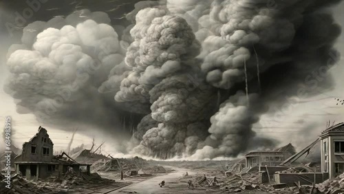 Smoke from the atomic bomb explosion billowed into the sky. World destruction due to war. Black and white style 4K virtual animation overlay photo