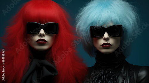 Fashion Forward: Two Glamour Fashionable Women in Azure Blue and Red Wigs and Black Sunglasses. Fashion Style Cover Magazine and Wallpaper