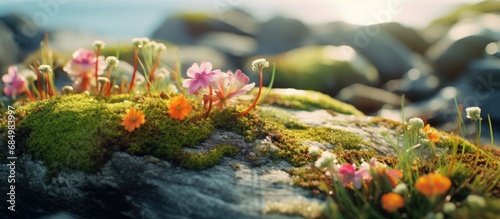 As the traveler ventured outdoors, they were captivated by the beauty of the shoreline, where vibrant floral blossoms and colorful plants adorned the moss-covered rocks, creating a breathtaking scene