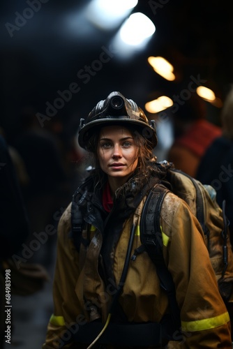 Portrait of female firefighter in apecialized helmet on her head and specialized fireproof fire extinguishing clothing, female rescuer, protection, security, rescue, 911 © Good AI