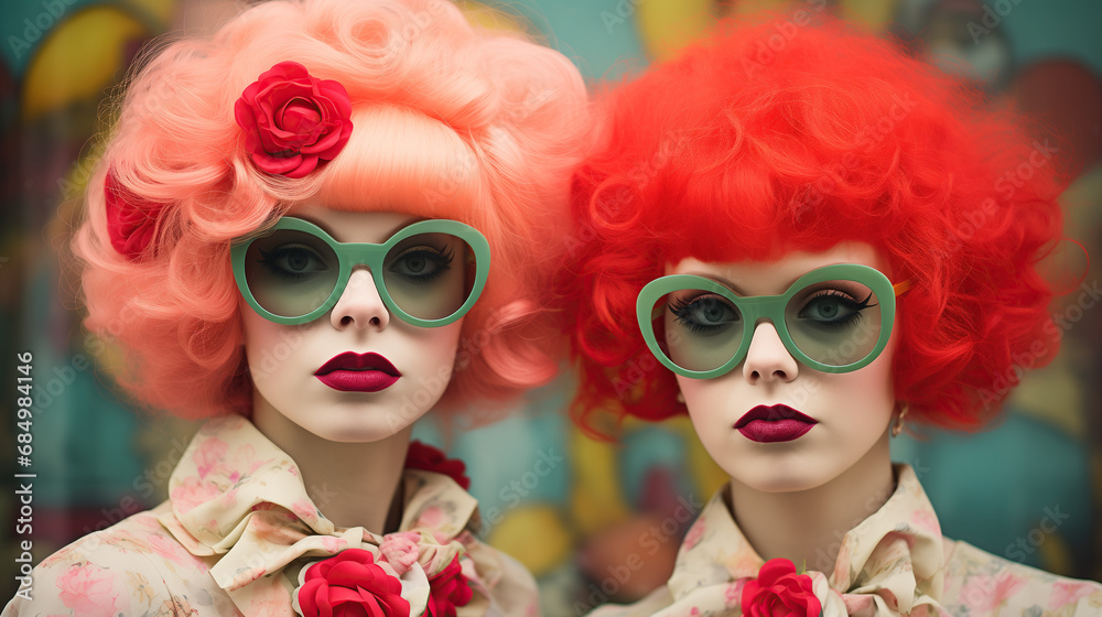 Two Woman with Red Hair and Green Sunglasses. Fashion Style Cover Magazine and Wallpaper