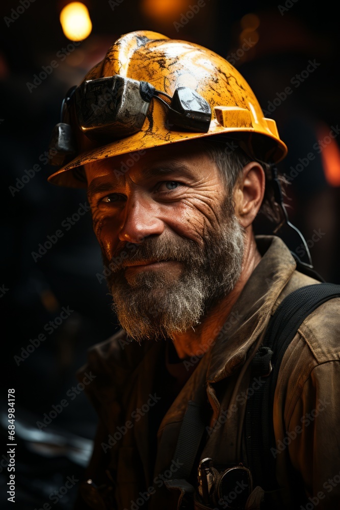 Portrait of miner in helmet after working day, his face in soot, he is tired, hard work, coal, mine, coal mining Portrait of miner in helmet after working day, his face in soot, he is tired, hard work, coal, mine, coal mining
