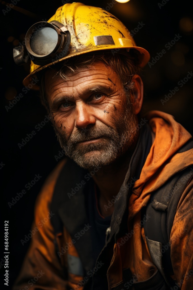 Portrait of miner in helmet after working day, his face in soot, he is tired, hard work, coal, mine, coal mining Portrait of miner in helmet after working day, his face in soot, he is tired, hard work, coal, mine, coal mining