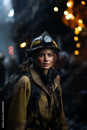 Portrait of female firefighter in apecialized helmet on her head and specialized fireproof fire extinguishing clothing, female rescuer, protection, security, rescue, 911 © Denis Yakovlev