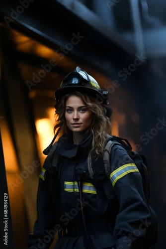 Portrait of female firefighter in apecialized helmet on her head and specialized fireproof fire extinguishing clothing, female rescuer, protection, security, rescue, 911