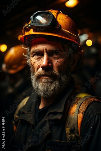 Portrait of miner in helmet after working day, his face in soot, he is tired, hard work, coal, mine, coal mining © Good AI