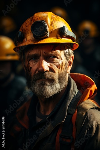 Portrait of miner in helmet after working day, his face in soot, he is tired, hard work, coal, mine, coal mining