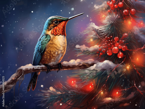 A Bee Hummingbird on a Christmas tree