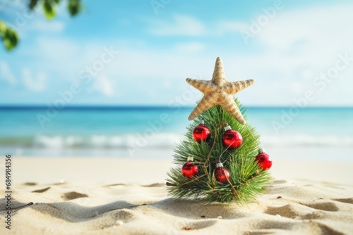 Christmas tree decorated on the sandy beach © Denis