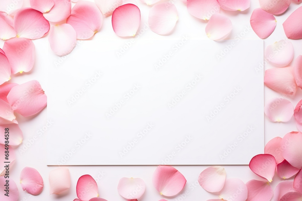 Minimal Valentine s Day template with a blank card pink rose petals in flat lay view