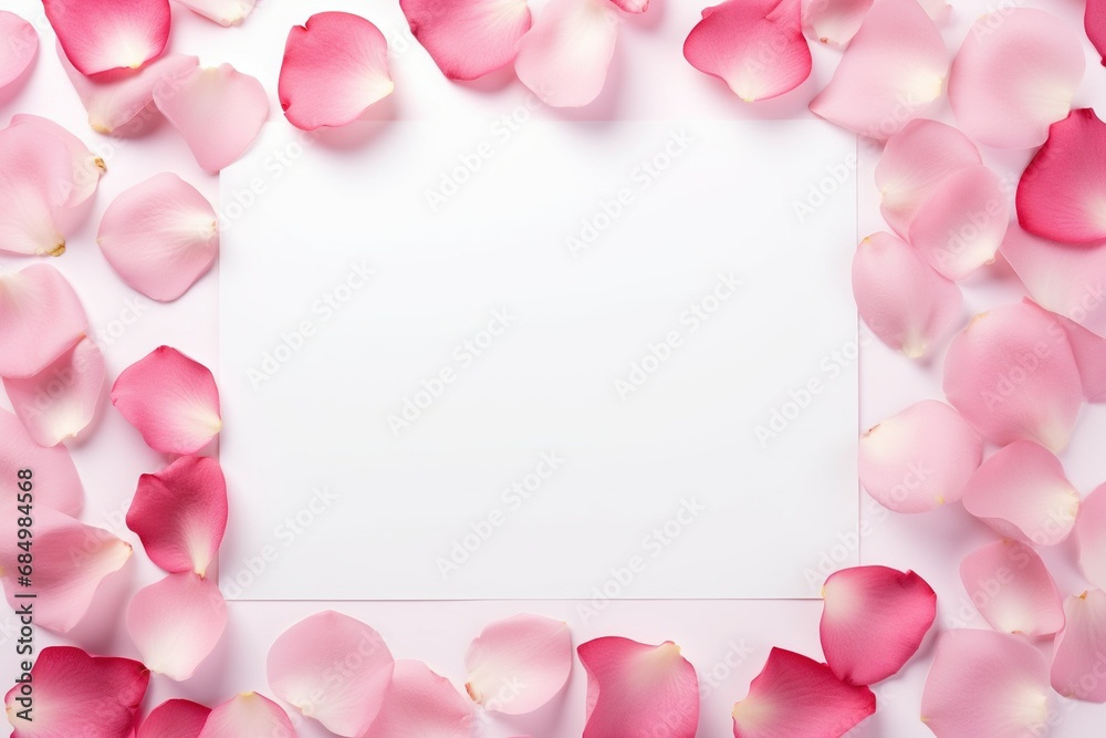 Minimal Valentine s Day template with a blank card pink rose petals in flat lay view