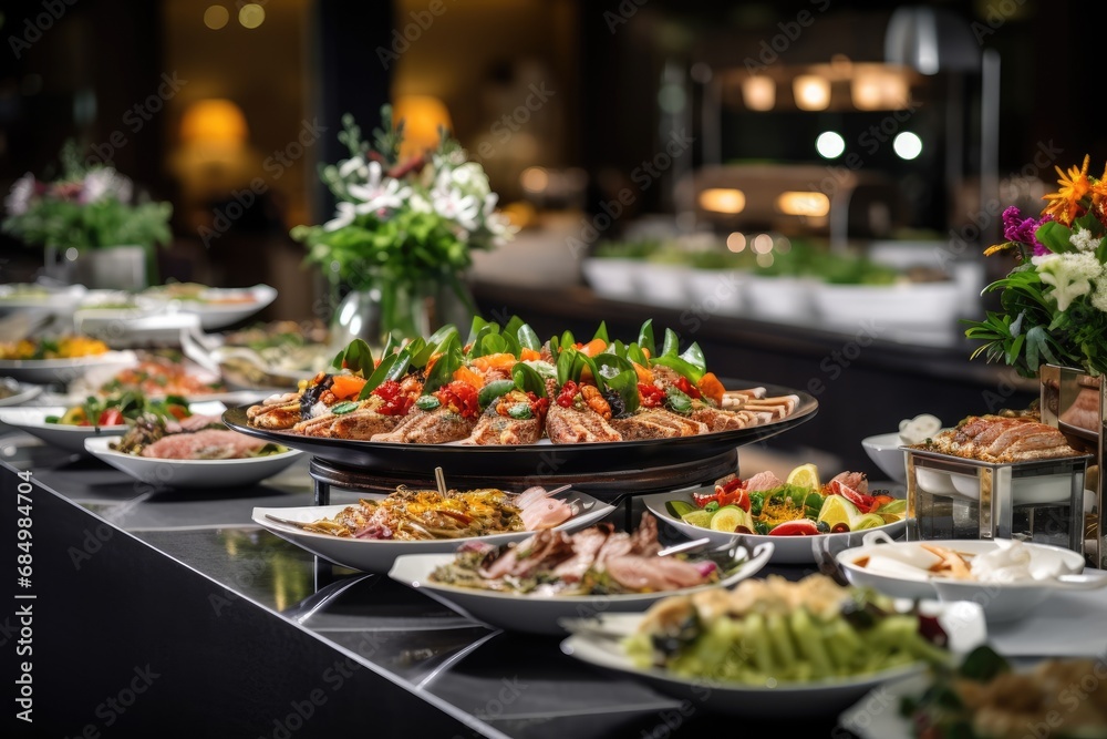 Catering buffet food on a long table in a hotel restaurant