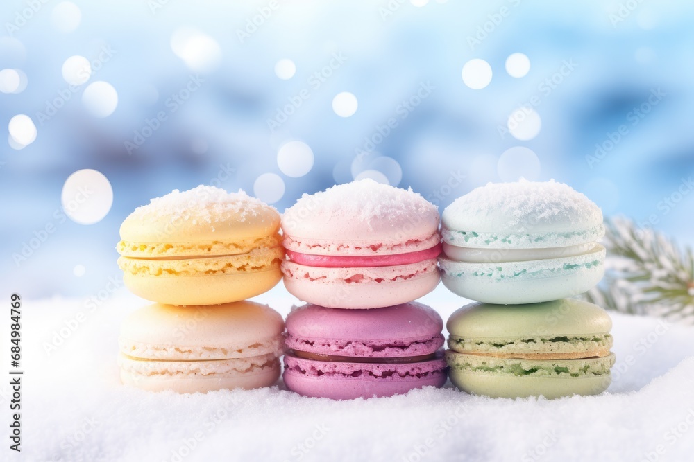 Obraz premium Colorful French macaroons on a winter Christmas background