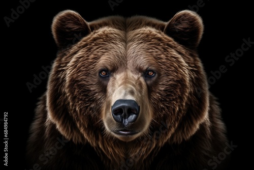 Front view of brown bear isolated on black background. Portrait of Kamchatka bear (Ursus arctos beringianus)