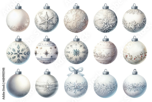 白いクリスマスオーナメントの水彩イラストの素材セット