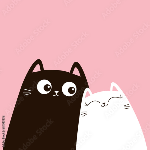 Black and white cat set. Love couple hugging kittens. Cute cartoon funny kitty character. Kawaii animal in love. Happy Valentines Day. Greeting card. Flat design. Pink background © worldofvector