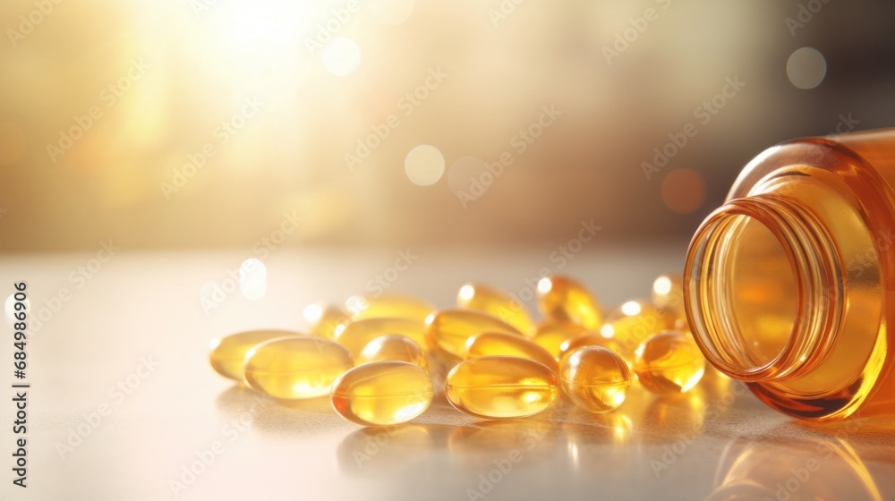 Vitamin D capsule tablets in sunlight. Omega 3 fish oil capsules and a glass bottle golden bokeh web banner background Vitamin D capsule tablets in sunlight. Omega 3 fish oil capsules and a glass bottle golden bokeh web banner background