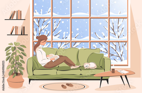 Woman reading book and sitting at the winter window. Cozy winter vector illustration