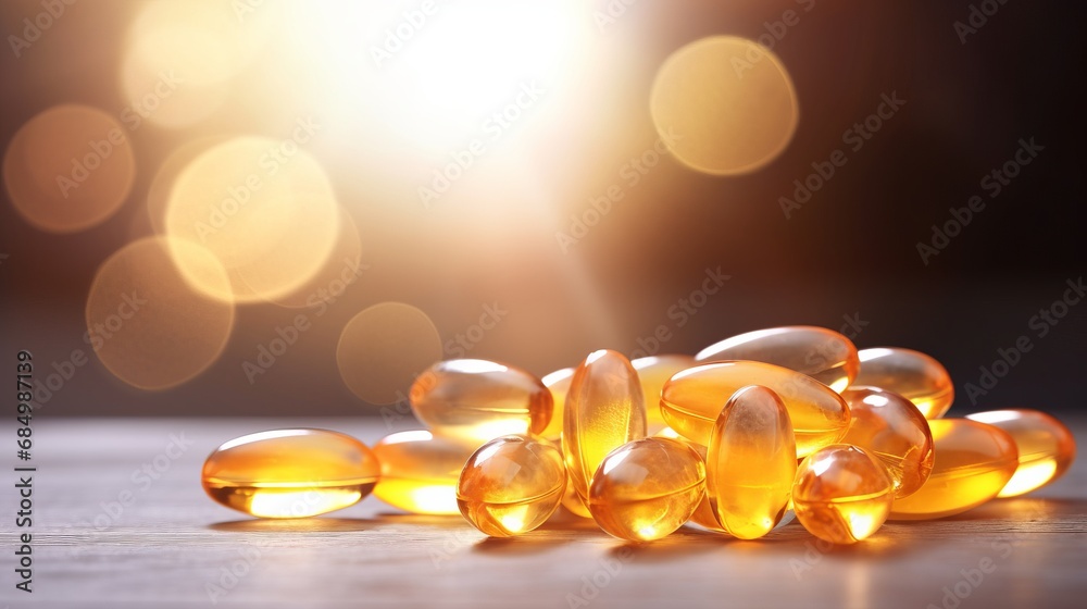 Vitamin D capsule tablets in sunlight. Omega 3 fish oil capsules and a glass bottle golden bokeh web banner background Vitamin D capsule tablets in sunlight. Omega 3 fish oil capsules and a glass bottle golden bokeh web banner background