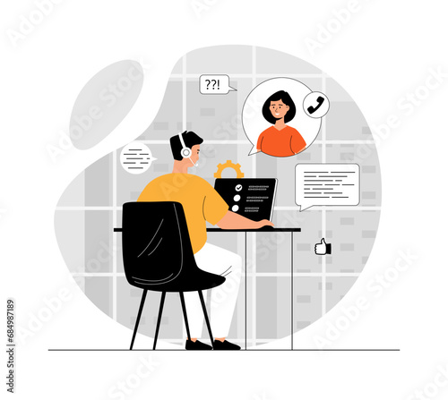 Online support call center. Online meeting. Man in headphones operator working online with client. Illustration with people scene in flat design for website and mobile development.