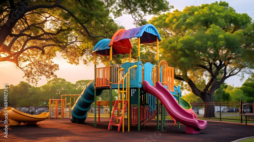 Colorful children playground activities in public park surrounded by green trees at sunset in Houston, Texas. Children run, slide, swing on modern playground. Urban neighborhood childh. generative ai.
