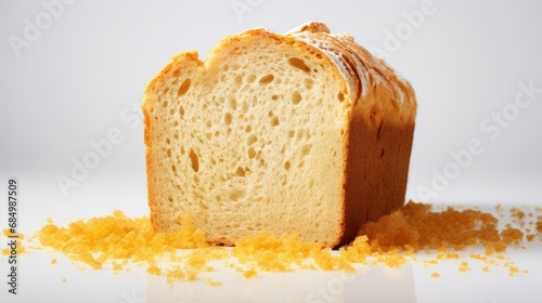 In an abstract culinary creation, the chef used the texture of bread as the main element, isolated in a white background resembling a wall, like a white wallpaper. The golden yellow color of the bread