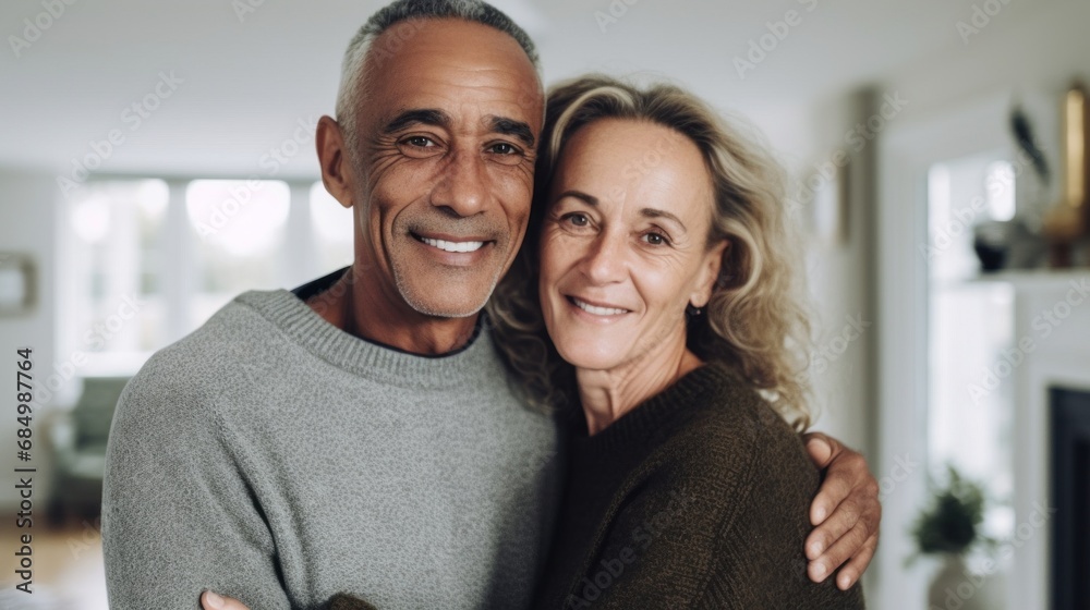 Multicultural couple radiates joy at home. Multicultural couple radiates joy at home.