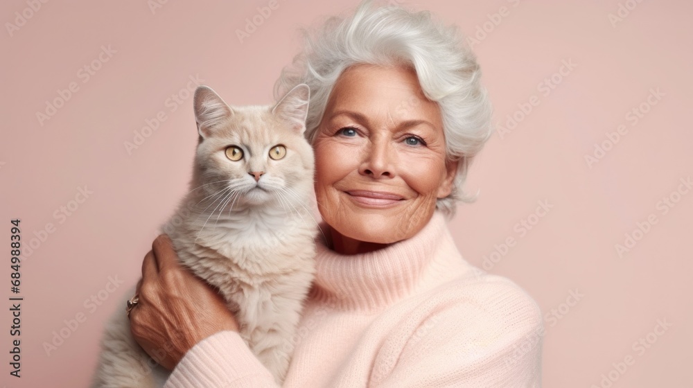 Soft hues enhance the beauty of a senior woman and her cat posing together. Soft hues enhance the beauty of a senior woman and her cat posing together.