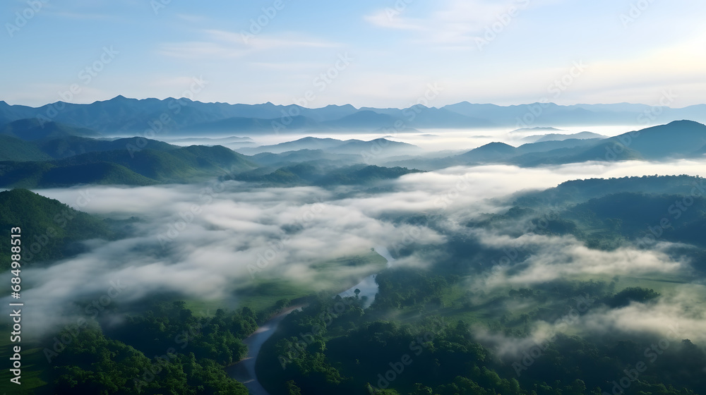Atmospheric landscape featuring misty fog and clouds hovering over mountains, AI-generated.