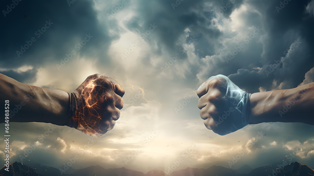 Fight, two fists hitting each other over dramatic sky. generative ai. - obrazy, fototapety, plakaty 