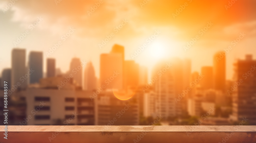 Summer sun blur golden hour hot sky at sunset with city rooftop view in the background fuzzy urban warm bright heat wave lights skyline heatwave bokeh for evening party.