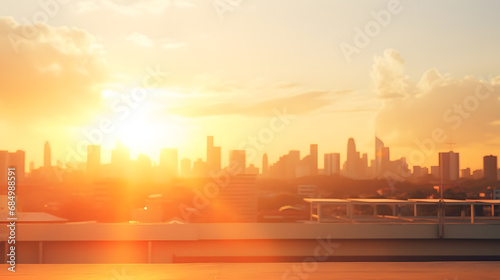 Summer sun blur golden hour hot sky at sunset with city rooftop view