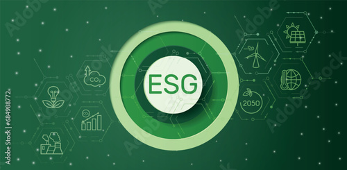 ESG banneron a green background of hexagons. Sustainable business concept. Environment, Social, Governance, corporate sustainability performance.Paper cat Vector illustration.