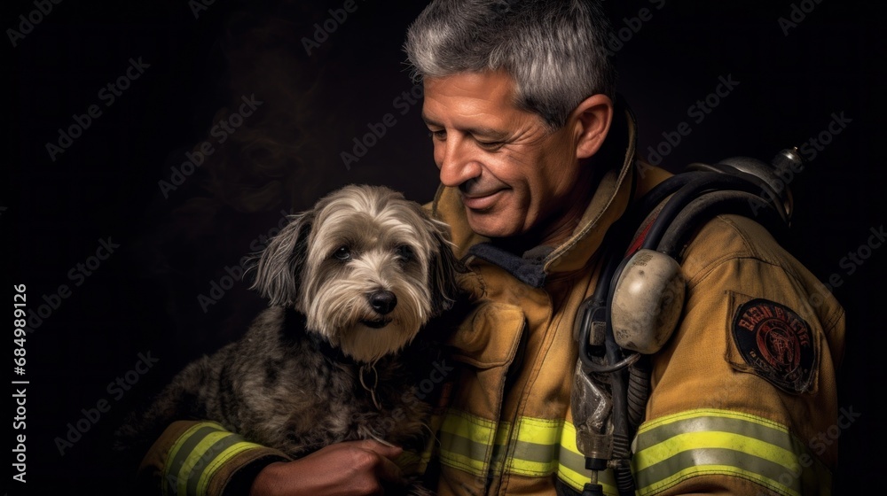 Dog rescue by a firefighter in a studio. Dog rescue by a firefighter in a studio.