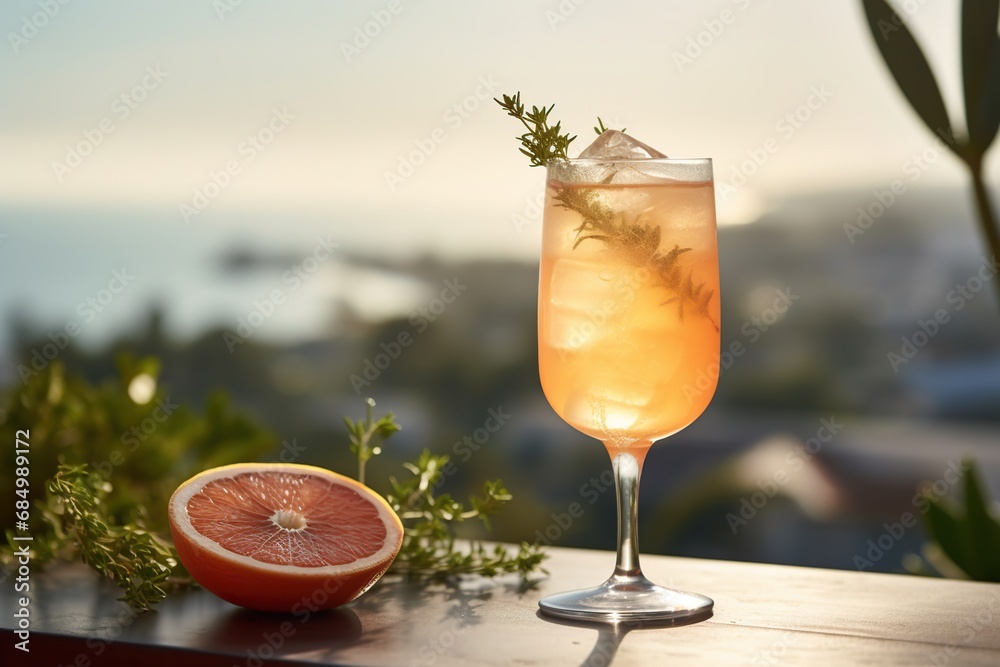 Grapefruit cocktail with ice and herbs on the terrace.
