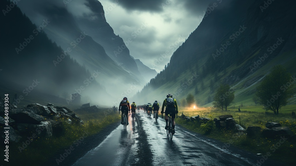 Cyclists on the road in the mountains in the fog.