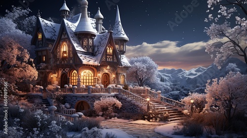 Fantasy winter landscape with a fairy-tale castle. 3d render