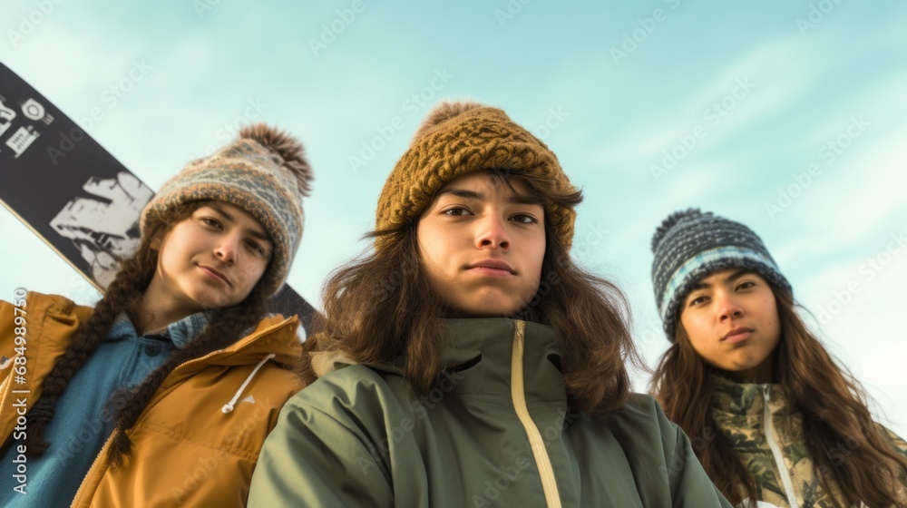 Group of friends on snowy mountain with snowboards. Group of friends on snowy mountain with snowboards.