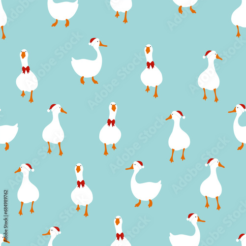 Funny geese in red hats and bow vector illustration, christmas and new year card. Seamless Christmas pattern photo