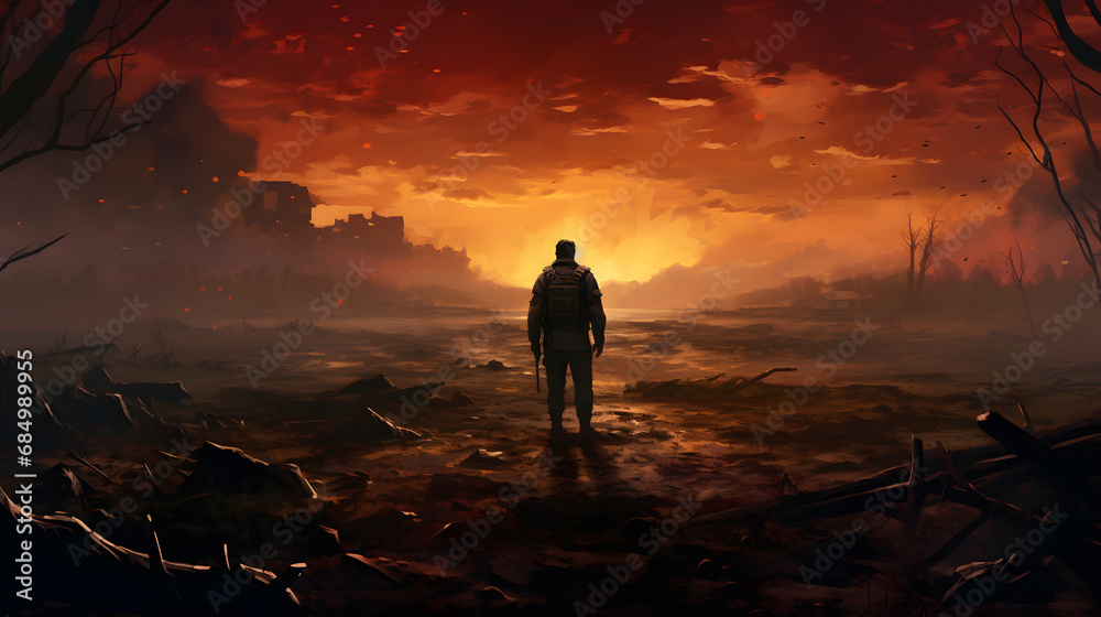 soldier standing alone after the war in battlefield, digital art style, illustration painting. generative ai.