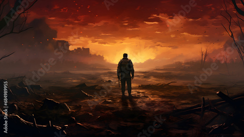 soldier standing alone after the war in battlefield, digital art style, illustration painting. generative ai.