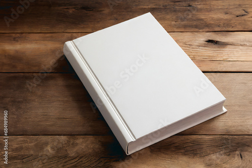 hardcover books with blank cover isolated on a wooden table photo