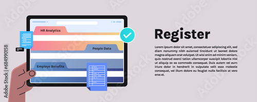 File register folders and employee benefits human resources analytics people data documents horizontal cards flat vector illustration.